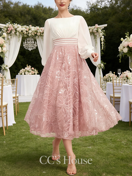 Grandmother A-line Chic Scoop Tea-Length Chiffon Lace Mother of the Bride Dress With Pleated Sequins Beading
