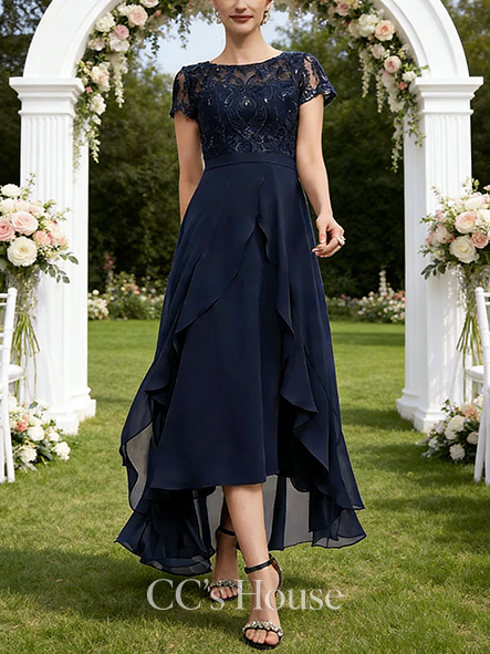 New Arrival A-line Chic Scoop Illusion Asymmetrical Chiffon Lace Mother of the Bride Dress With Ruffle Sequins Bow