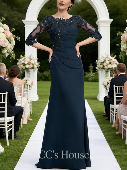 A-line Chic Scoop Floor-Length Chiffon Lace Mother of the Bride Dress With Sequins Beading Pleated