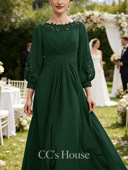 Black Tie Event A-line Chic Scoop Asymmetrical Chiffon Mother of the Bride Dress With Pleated Appliques Lace