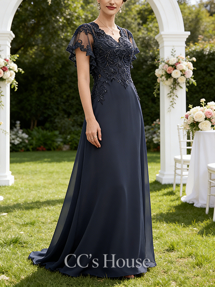 Grandmother A-line Chic V-Neck Floor-Length Lace Chiffon Mother of the Bride Dress With Sequins