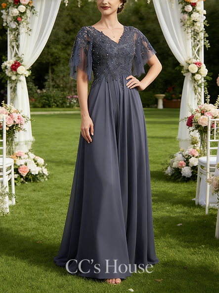 Grandmother A-line Graceful V-Neck Floor-Length Chiffon Lace Mother of the Bride Dress With Sequins Beading