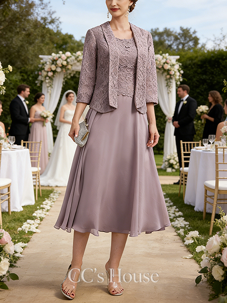 New Arrival A-line Graceful Scoop Tea-Length Lace Chiffon Mother of the Bride Dress