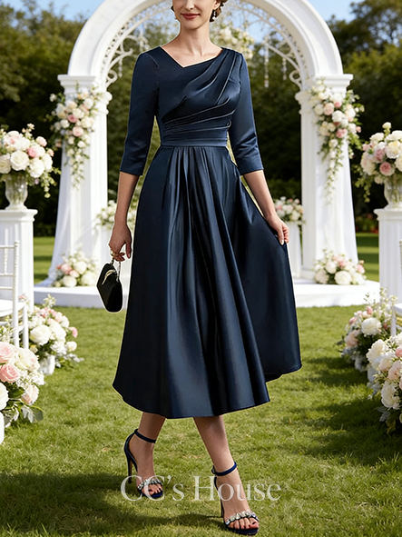 A-line Graceful Asymmetrical Tea-Length Satin Mother of the Bride Dress With Pleated