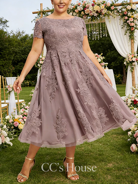 A-line Graceful Scoop Tea-Length Tulle Lace Mother of the Bride Dress