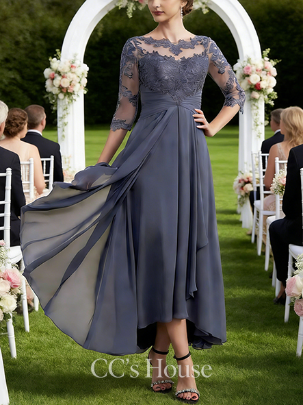 Black Tie Event A-line Graceful Illusion Scoop Asymmetrical Lace Chiffon Mother of the Bride Dress With Overskirt Cascading Ruffles