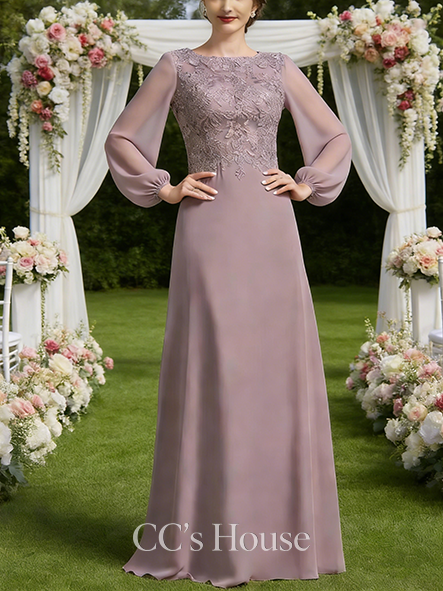 Grandmother A-line Graceful Scoop Floor-Length Lace Chiffon Mother of the Bride Dress