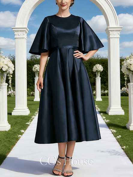 A-line Graceful Scoop Tea-Length Satin Mother of the Bride Dress With Cape