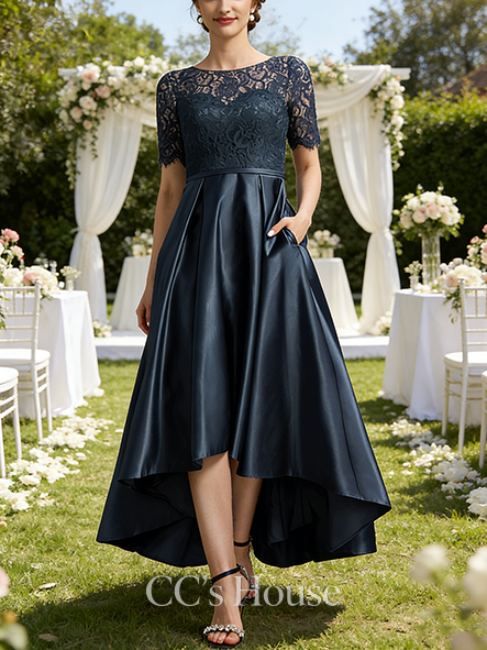 New Arrival A-line Graceful Scoop Illusion Asymmetrical Satin Lace Mother of the Bride Dress