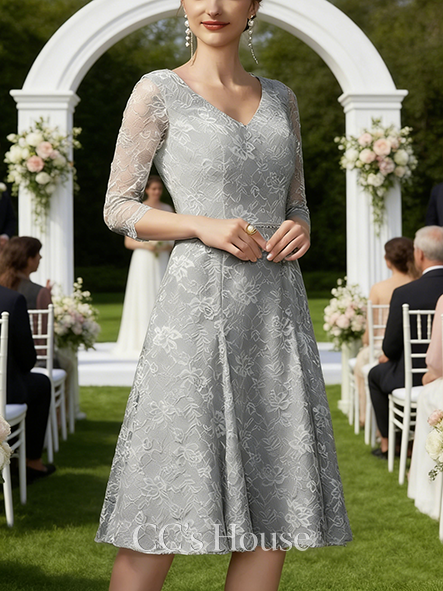 New Arrival A-line Graceful V-Neck Knee-Length Chiffon Lace Mother of the Bride Dress With Sequins Beading