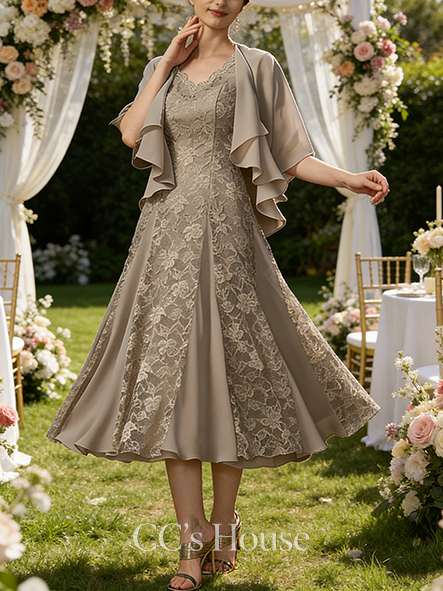 A-line Graceful V-Neck Tea-Length Lace Chiffon Mother of the Bride Dress