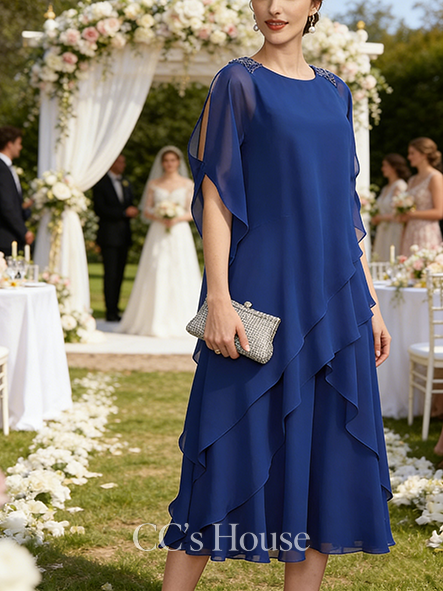 A-line Graceful Scoop Tea-Length Chiffon Mother of the Bride Dress With Beading Cape Sequins Cascading Ruffles