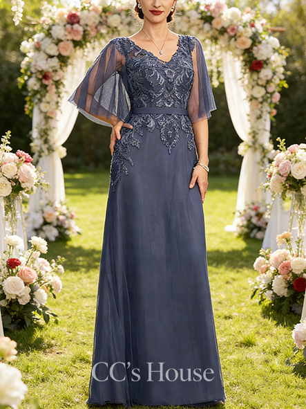 New Arrival A-line Elegant V-Neck Floor-Length Lace Tulle Mother of the Bride Dress With Sequins Beading