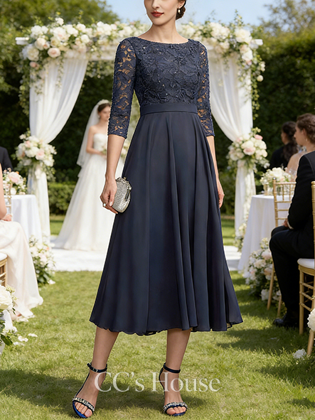 A-line Graceful Scoop Tea-Length Lace Chiffon Mother of the Bride Dress With Sequins