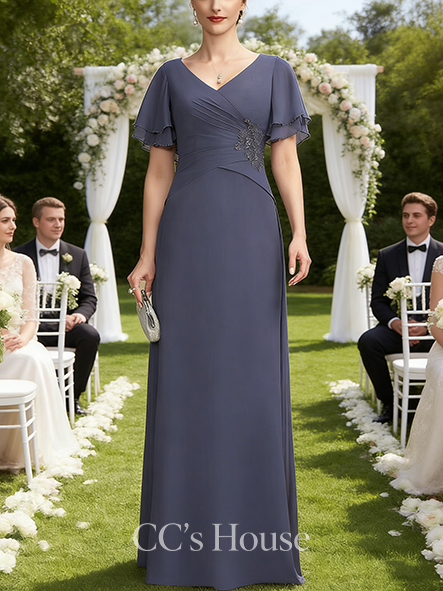 Grandmother A-line Graceful V-Neck Floor-Length Chiffon Mother of the Bride Dress With Pleated Beading