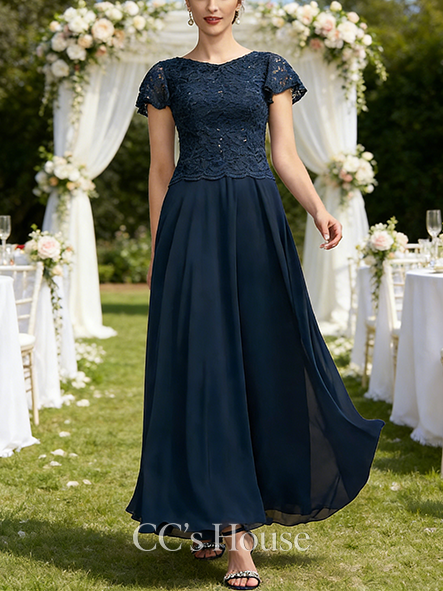 Wedding Guest A-line Graceful Scoop Ankle-Length Lace Chiffon Mother of the Bride Dress With Sequins