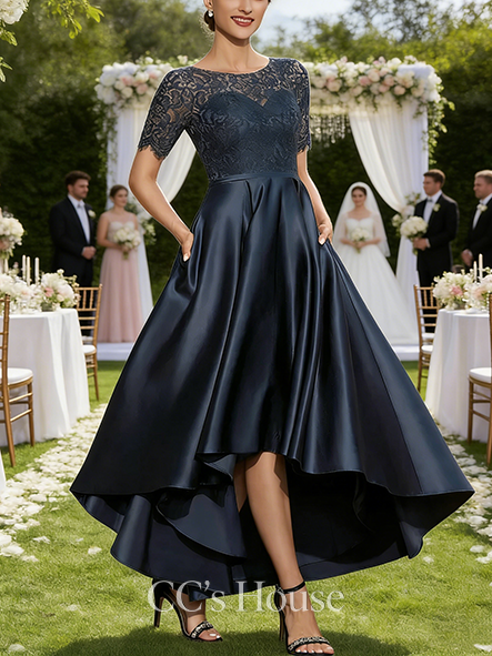 New Arrival A-line Graceful Scoop Illusion Asymmetrical Satin Lace Mother of the Bride Dress