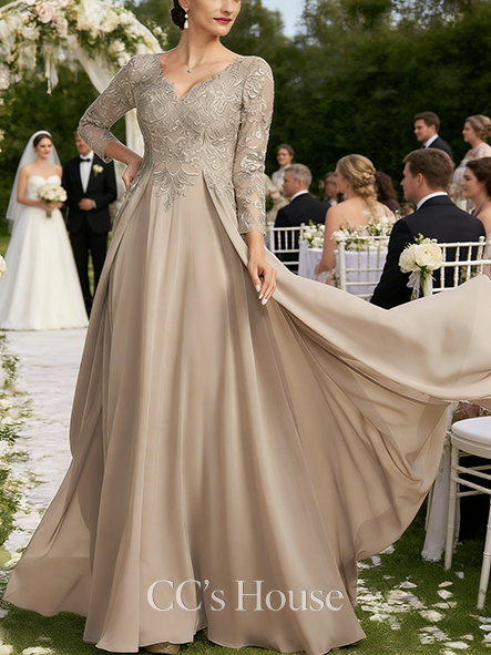 New Arrival A-line Graceful V-Neck Floor-Length Lace Chiffon Mother of the Bride Dress With Overskirt Sequins