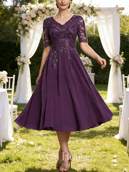New Arrival A-line Graceful V-Neck Tea-Length Lace Chiffon Mother of the Bride Dress With Sequins