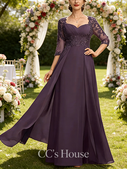 New Arrival A-line Elegant Sweetheart Floor-Length Lace Chiffon Mother of the Bride Dress With Pleated Sequins