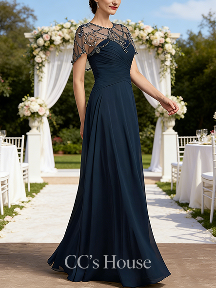 New Arrival A-line Graceful Scoop Illusion Floor-Length Chiffon Mother of the Bride Dress With Pleated Sequins Beading