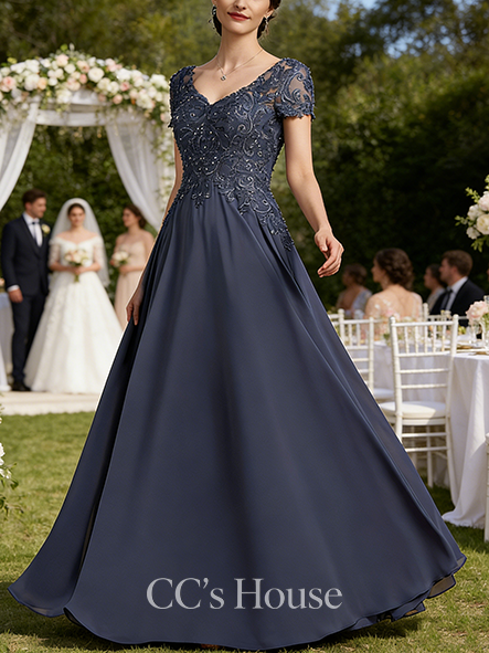 A-line Graceful V-Neck Floor-Length Chiffon Lace Mother of the Bride Dress With Sequins Beading