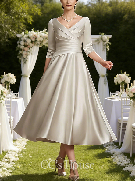 A-line Graceful V-Neck Tea-Length Satin Mother of the Bride Dress With Pleated
