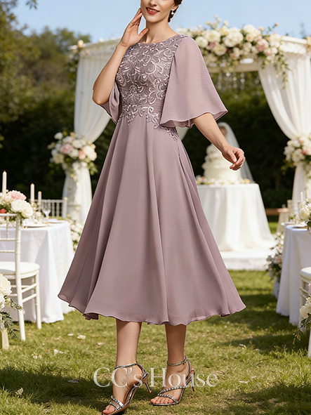 New Arrival A-line Graceful Scoop Tea-Length Lace Chiffon Mother of the Bride Dress
