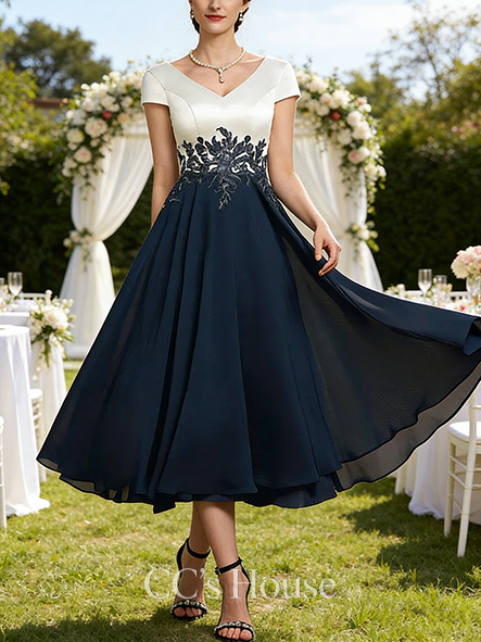 A-line Graceful V-Neck Tea-Length Satin Chiffon Mother of the Bride Dress With Appliques Lace