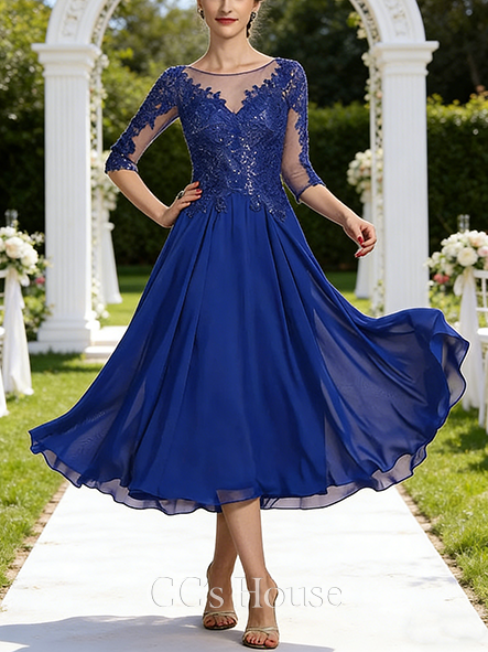 A-line Graceful Scoop Illusion Tea-Length Lace Chiffon Mother of the Bride Dress With Sequins