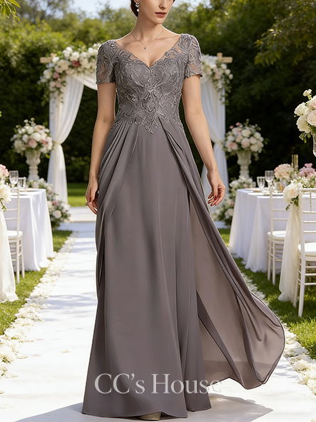 Grandmother A-line Graceful V-Neck Floor-Length Chiffon Lace Mother of the Bride Dress With Overskirt