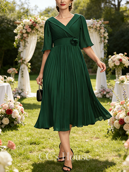 A-line Elegant V-Neck Collared Tea-Length Chiffon Mother of the Bride Dress With 3D Floral Pleated