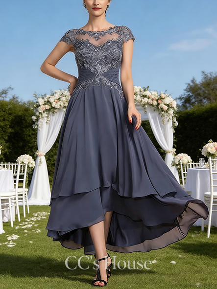 A-line Graceful Scoop Illusion Asymmetrical Chiffon Lace Mother of the Bride Dress With Beading