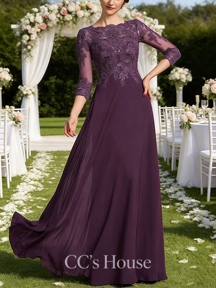 A-line Graceful Scoop Floor-Length Lace Chiffon Mother of the Bride Dress With Sequins Pleated