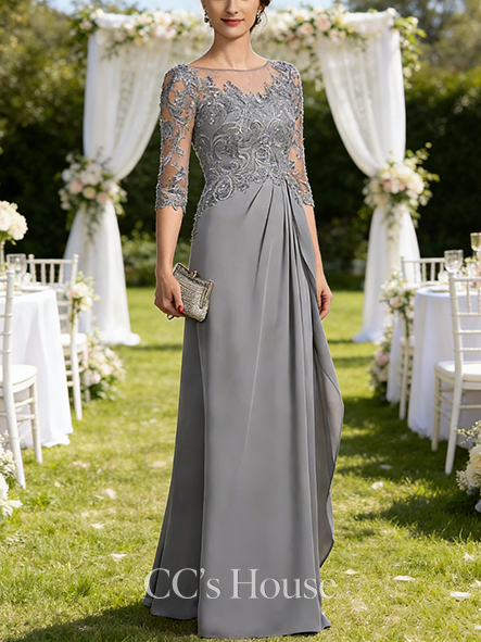 New Arrival A-line Graceful Scoop Illusion Floor-Length Chiffon Lace Mother of the Bride Dress With Beading Sequins Cascading Ruffles