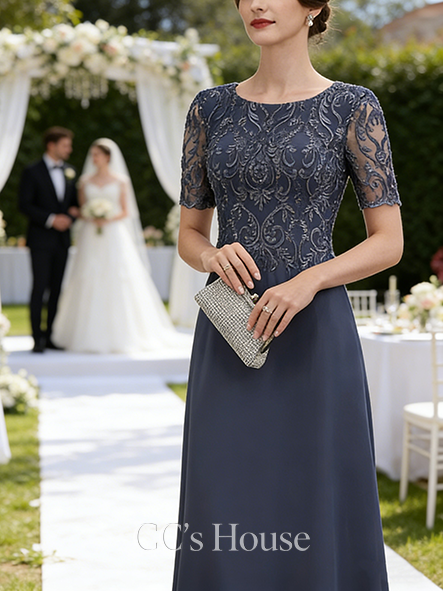 Wedding Guest A-line Graceful Scoop Floor-Length Lace Chiffon Mother of the Bride Dress With Sequins Pleated