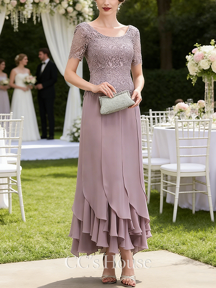 Grandmother A-line Graceful Scoop Ankle-Length Lace Chiffon Mother of the Bride Dress With Cascading Ruffles