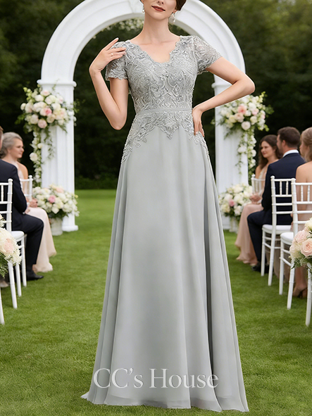 New Arrival A-line Graceful V-Neck Floor-Length Lace Chiffon Mother of the Bride Dress With Sequins