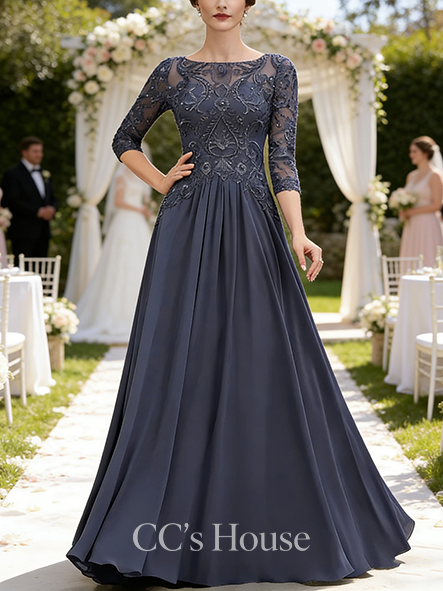 Wedding Guest A-line Graceful Boat Neck Illusion Floor-Length Chiffon Lace Mother of the Bride Dress With Sequins Beading
