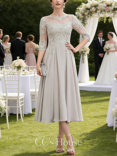 Wedding Guest A-line Graceful Scoop Illusion Tea-Length Chiffon Lace Mother of the Bride Dress With Sequins Beading