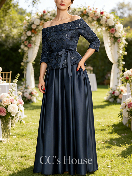 A-line Elegant Off the Shoulder Floor-Length Satin Lace Mother of the Bride Dress With Bow Sequins