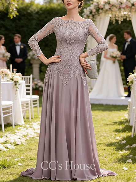 Wedding Guest A-line Graceful Scoop Sweep Train Lace Chiffon Mother of the Bride Dress With Sequins