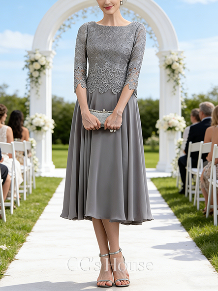 New Arrival A-line Graceful Scoop Tea-Length Lace Chiffon Mother of the Bride Dress