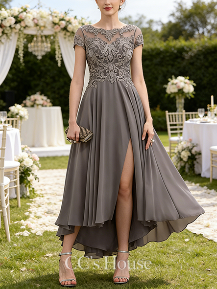 A-line Graceful Scoop Illusion Asymmetrical Chiffon Lace Mother of the Bride Dress With Sequins Beading Cascading Ruffles