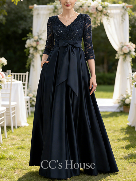 Grandmother A-line Graceful V-Neck Floor-Length Satin Lace Mother of the Bride Dress With Sequins Bow