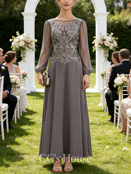 A-line Graceful Scoop Ankle-Length Lace Chiffon Mother of the Bride Dress