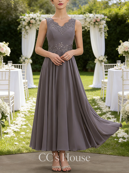 A-line Graceful V-Neck Ankle-Length Chiffon Mother of the Bride Dress With Beading Sequins Appliques Lace