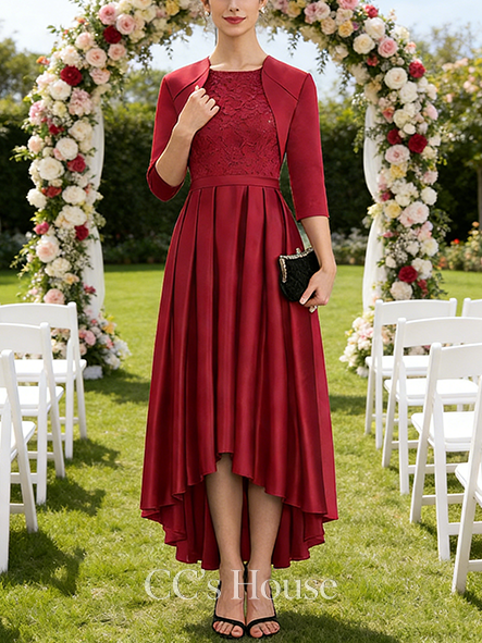 New Arrival A-line Graceful Scoop Asymmetrical Satin Lace Mother of the Bride Dress With Sequins