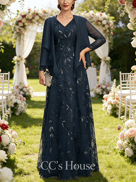 A-line Elegant V-Neck Floor-Length Sequin Lace Mother of the Bride Dress