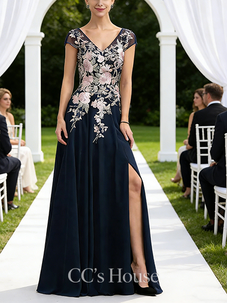 Grandmother A-line Graceful V-Neck Floor-Length Lace Chiffon Mother of the Bride Dress